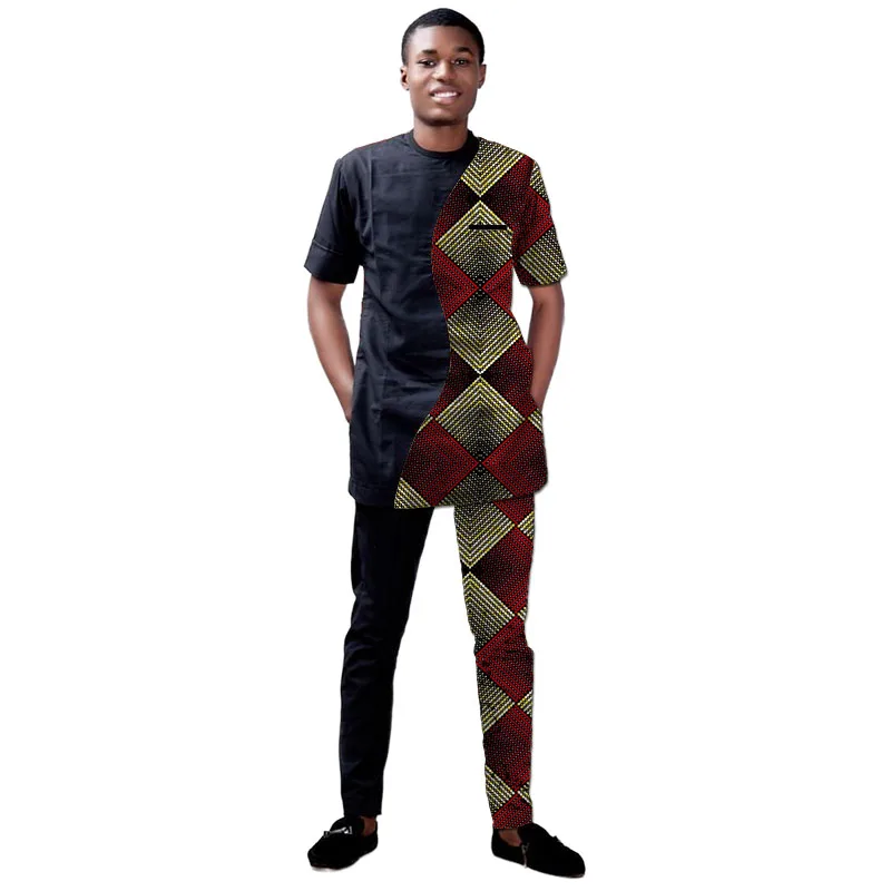 Original Patchwork Design Men’s Set Short Sleeves African Print Top Patch Elastic Waist Pant Tailor Made Party Outfit