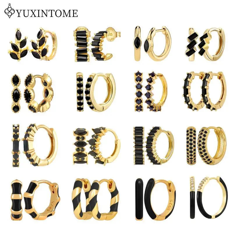

925 Sterling Silver Ear Needle Geometric Black Zircon Hoop Earrings For Women Ear Buckle Fashion High-end Jewelry Accessories