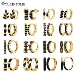 925 Sterling Silver Ear Needle Geometric Black Zircon Hoop Earrings For Women Ear Buckle Fashion High-end Jewelry Accessories