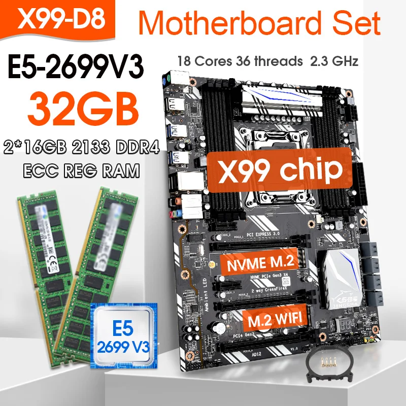 JINGSHA X99 D8 LGA 2011-3 XEON X99 Motherboard with Intel E5 2699 v3 with 2*16G DDR4 2133MHz ECC memory combo kit set M.2 NVME