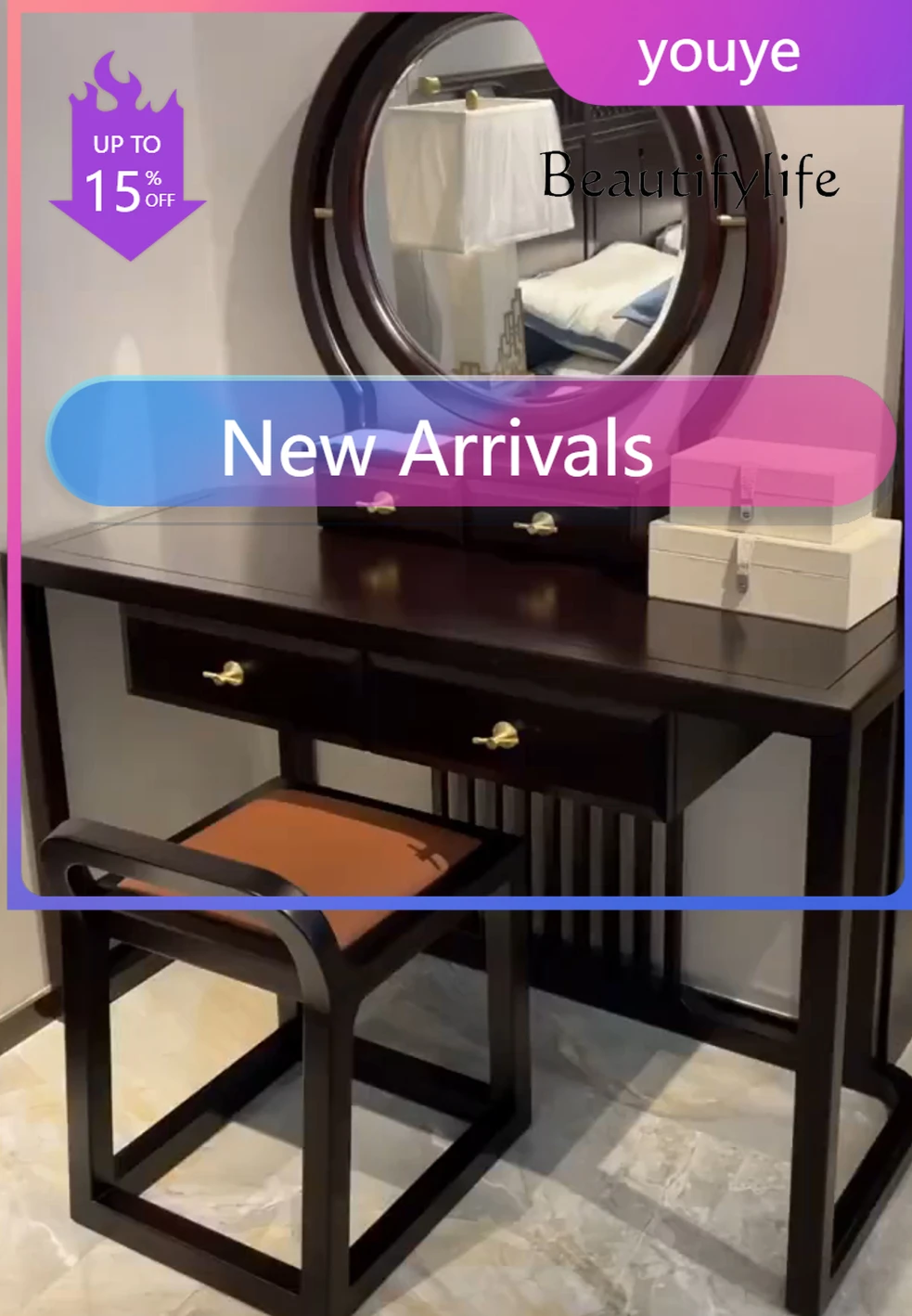 

N19 Chinese Style Ugyen Wooden Dressing Table with Mirror Modern Minimalist Type Makeup Table Dressing Stool Combination