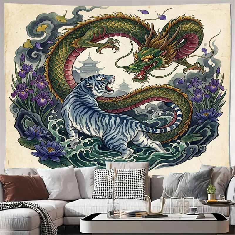 Luxurious Oriental Dragon and Tiger Art Window Curtains Chinese Mythology Tapestry Decorative Asian Print Home Decor Drapes