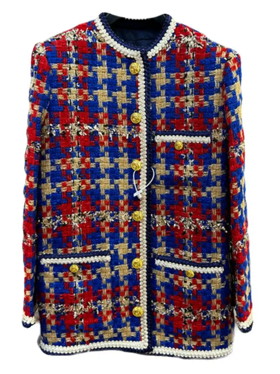 Wiosna 2025 Klasyczny Retro Kolorowy Luźny Wyszczuplający Casualowy Uniwersalny Kardigan w Kratę z Dzianiny Tweedowej Odzież Wierzchnia Damska