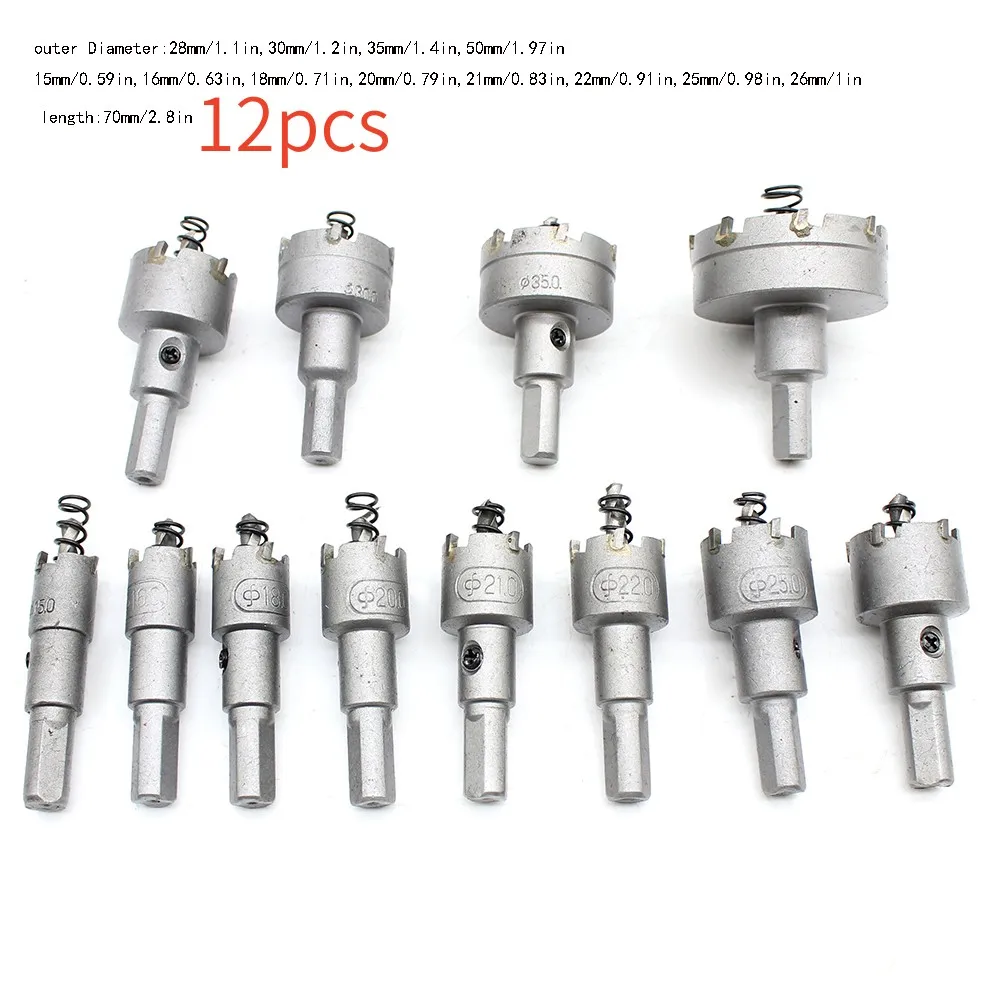 

12 Set 15mm-50mm Carbide Drill Bits, HSS Cemented Carbide Hole Saw Core Drill Bits, Round Milling Cutter Crown Drill