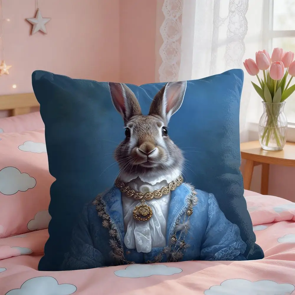 Rabbit Portrait Renaissance Cushion Cover Square Short Plush Pillow Case Living Room Sofa Home Decor Funda 40X40