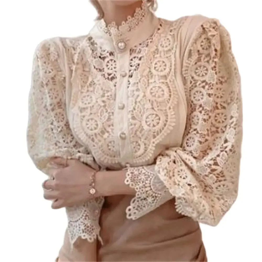 

New Vintage White Lace Blouse Shirts Women 2024 Korean Button Loose Shirt Tops Female Hollow Casual Ladies Blouses Blusas Tops