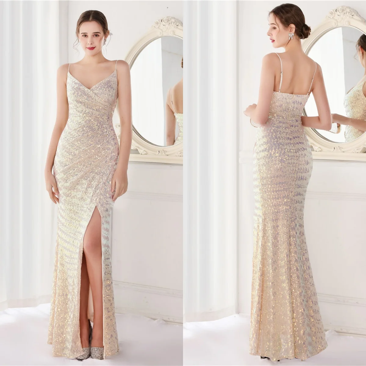 

Evening Dress Champagne Sequins Stretchy Sgaphetti Straps Zipper Mermaid Trumpet Floor Length Slit Women Party Formal Gown YE369