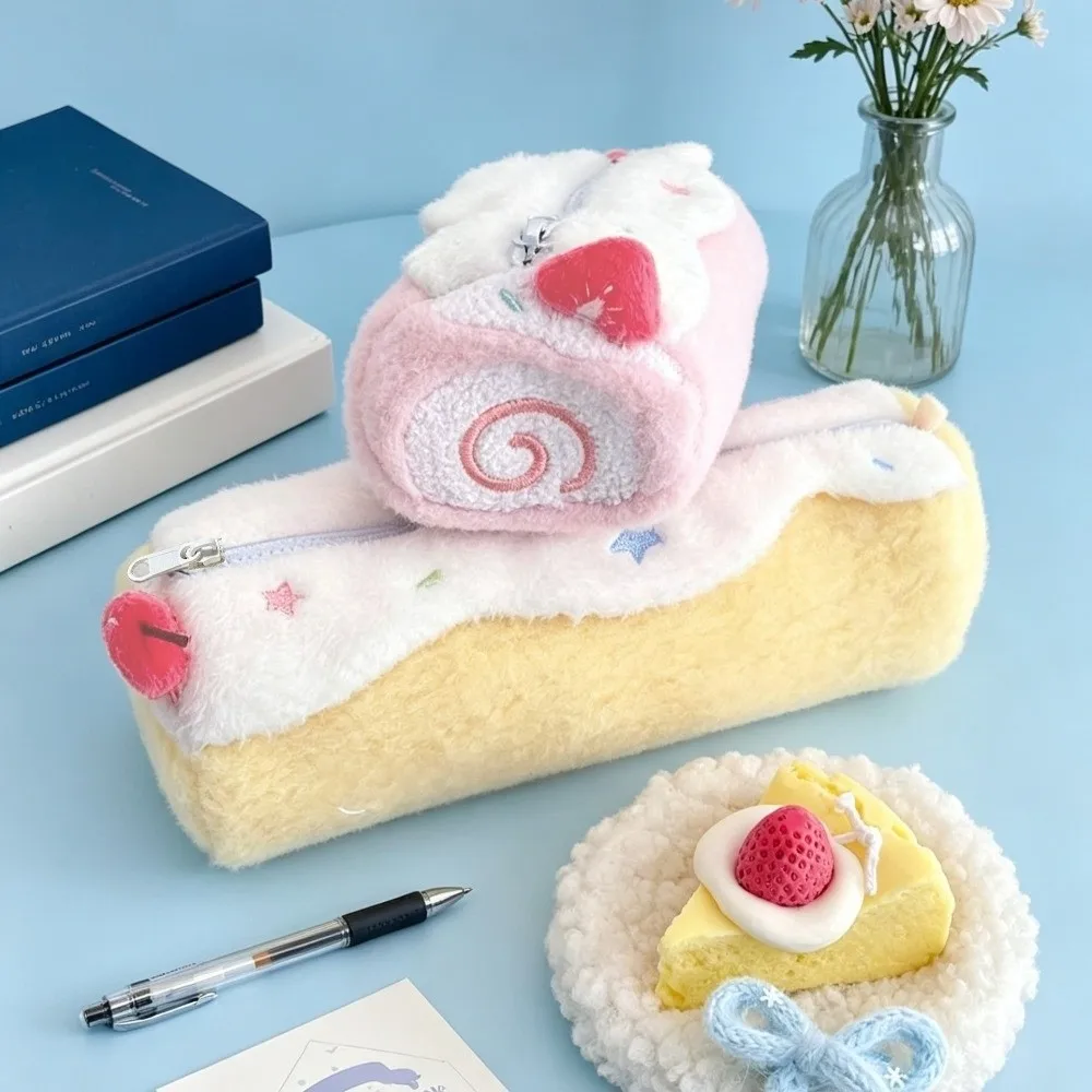 Portable Pencil Case Swiss Roll Shape Large Capacity Pencil Pouch Star Embroidery Soft Fluffy Stationery Pouch Students