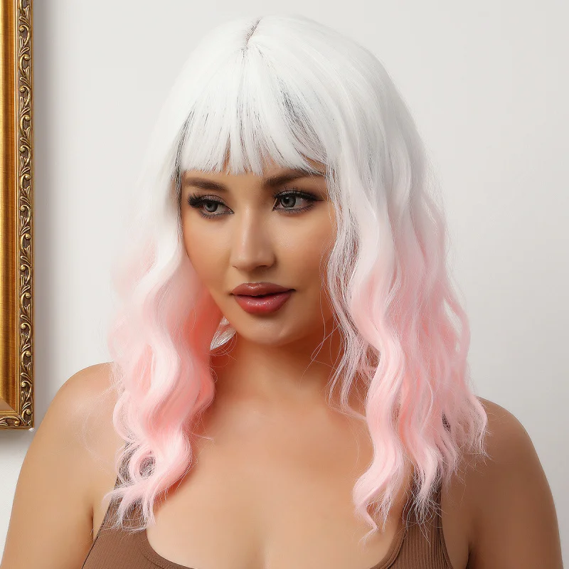 

Европейский и американский модный парик для женщин, кудрявые волосы, с челкой, градиентный цвет розовый и белый, полный парик