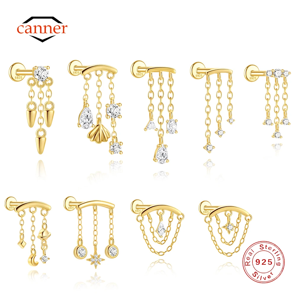

CANNER 1PC Tassel Chain Star Moon 925 Sterling Silver Flat Head Piercing Earring For Woman Ins 14K Gold Plated Dainty Jewelry