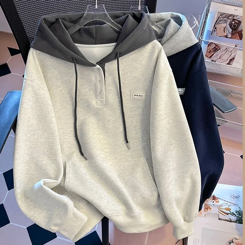 

Teen Girl Loose Splice Color Block Hoodie High School Junior High School Design Sense Outerwear Long Sleeve Korean Style