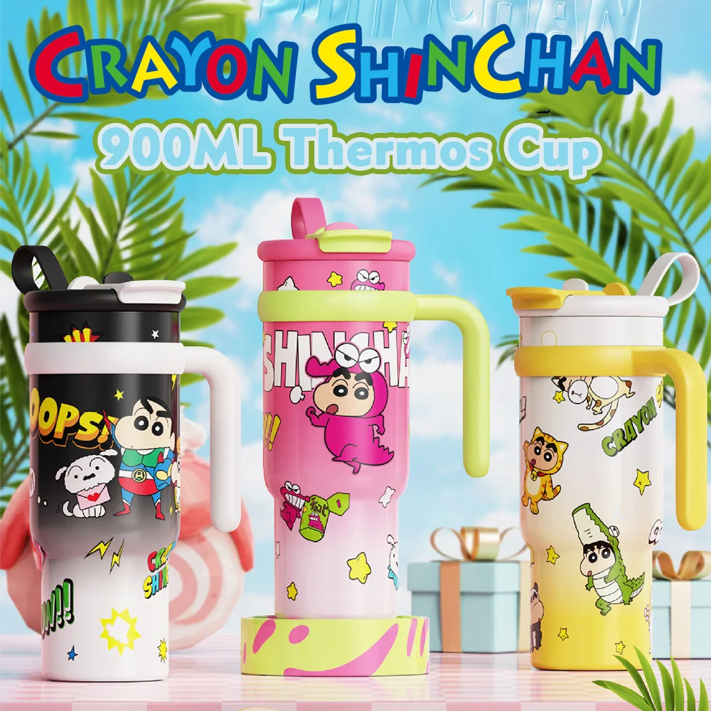 

900ml Genuine Crayon Shin-chan Stainless Cup Thermos Kawaii Large Capacity Straw Mug Flask Water Bottle Birthday Gifts