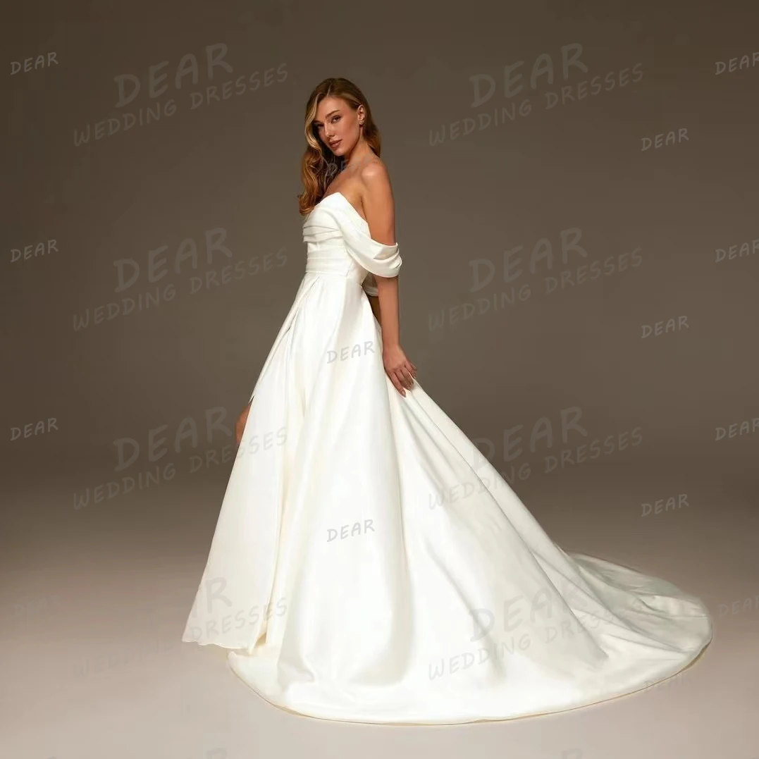 Abiti da sposa classici semplici una linea per donna abiti da sposa con spalle scoperte Sexy scollo A barchetta con pieghe in raso abito formale De Mariée