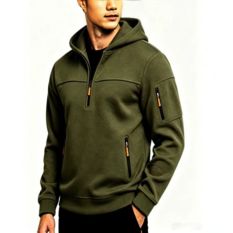 Men's Semi-open Hooded Sweater European and American Men's Multi-zipper Pocket Tooling Sweater Autumn and Winter Thickened