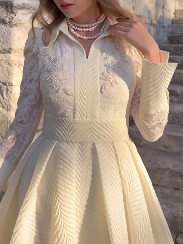 Femmes dentelle broderie fleur élégante robe longue revers pure manches longues blanc printemps automne Chic avec ceinture robes longues Vestido