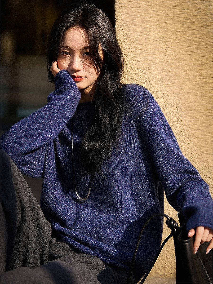 

Craftsmanship Knitted Wool Cashmere Collar Flower Embellished Women's Top Casual round Neck Long Sleeve Soft Warm Fashion