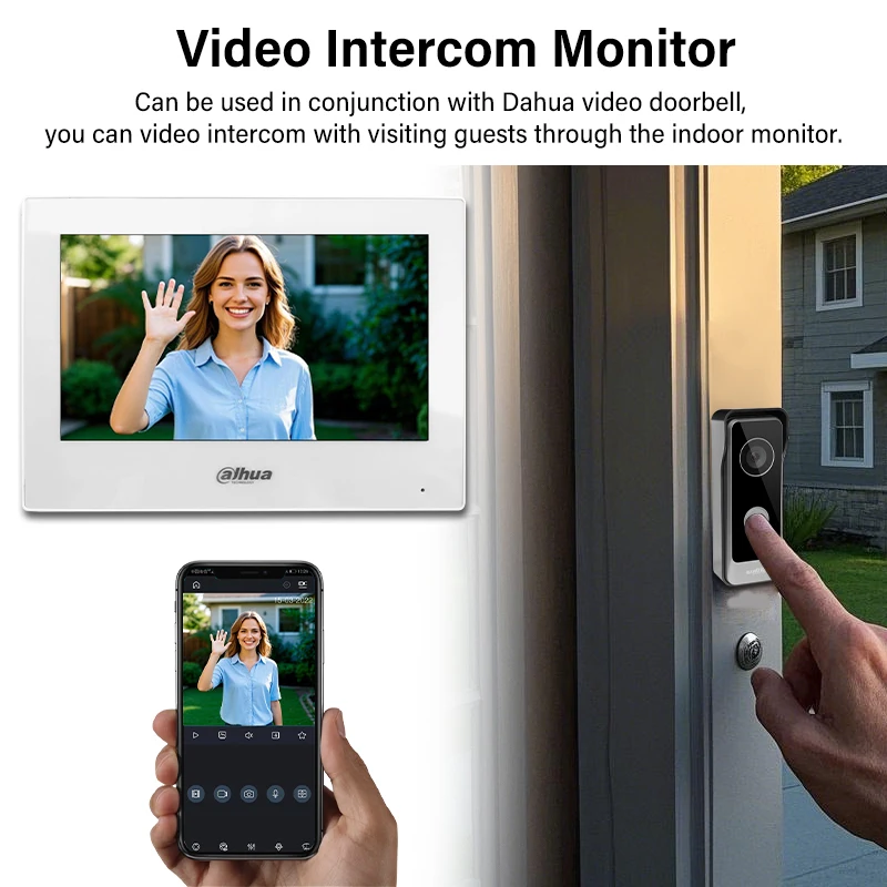 Dahua PoE Monitor interior pantalla de videoportero de 7 pulgadas sistema de Monitor de cámara IP para el hogar aplicación conversación bidireccional Digital SIP P2P VTH2621GW-P