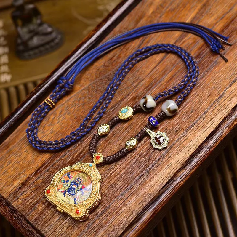 

Handmade Braided Rope Necklace Niche a Statue of Buddha Six-Arm Mahākāla Thangka Pendant Clavicle Chain Adjustable
