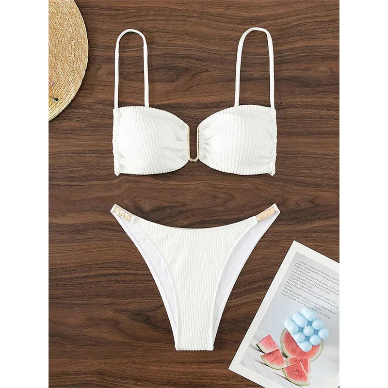 Sexy U neck bikini set women solid white black push up pleate micro swimsuit 2024 Brazilian cut out bathing suit thong swimwear