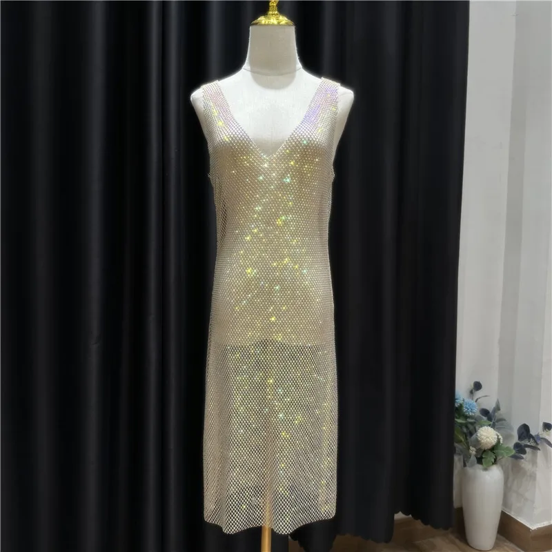 Sexy See Through strass Club Dress donna scollo a v profondo Sheer Shiny Diamond Mesh Base Glitter Crystal Backless abiti da sera