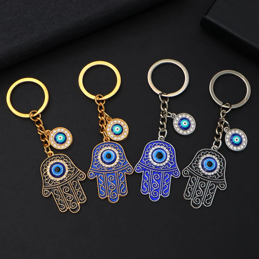 Fashion Blue Evil Eye Keychains for Women Men Rhinestone Hamsa Hand Keyrings Bag Car Airpods Box Key Accessories Friendship Gift