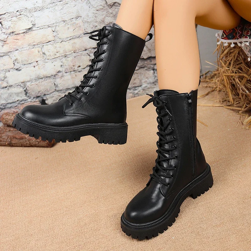 British Style Black Mid Calf Boots for Women Pu Leather Thick Heels Motorcycle  Mujer Autumn Winter Lace Up Boots Woman