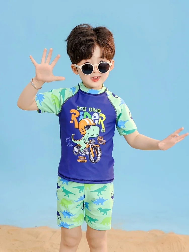 

Boy Kids Swimsuit 2025 New Cartoon Dinosaur Short Sleeves Children Swimwear Summer Two Piece Shorts Beach Bathing Suit Swimming