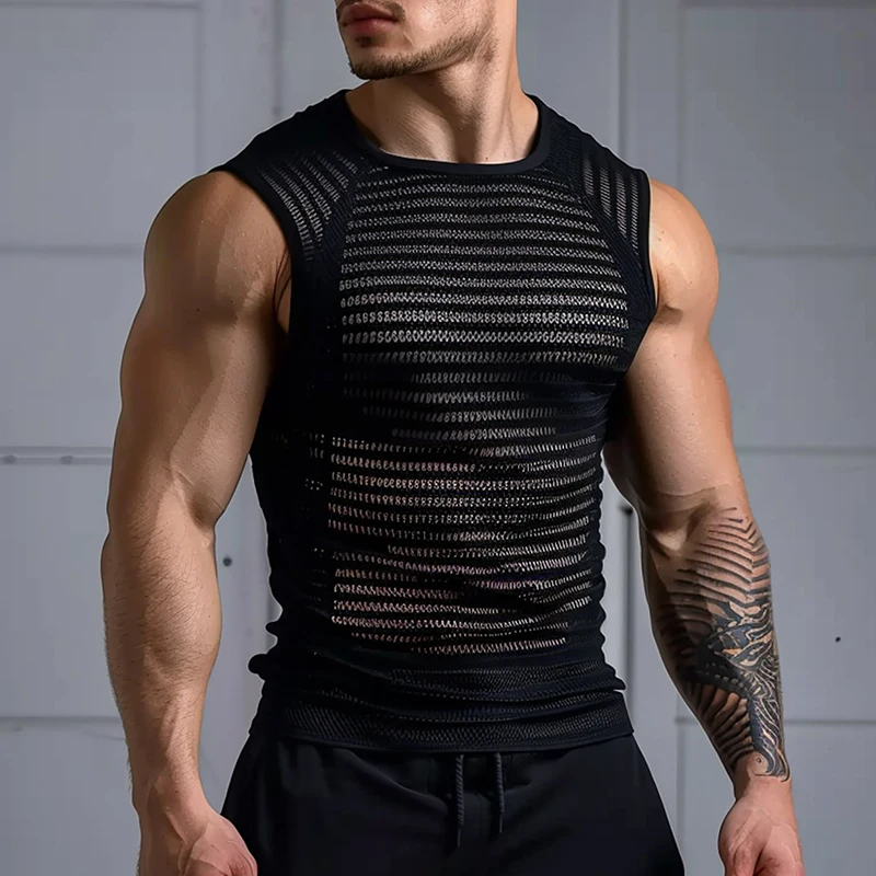 Sexy See Through Mesh Tank Tops Men Summer Fashion O Neck Loose Camisoles Mens Casual Breathable Hollow Out Sleeveless T Shirts