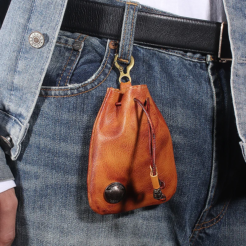 

Leather vintage coin purse earphone key lucky bag bag hanging waist strap mouth drawstring storage bag