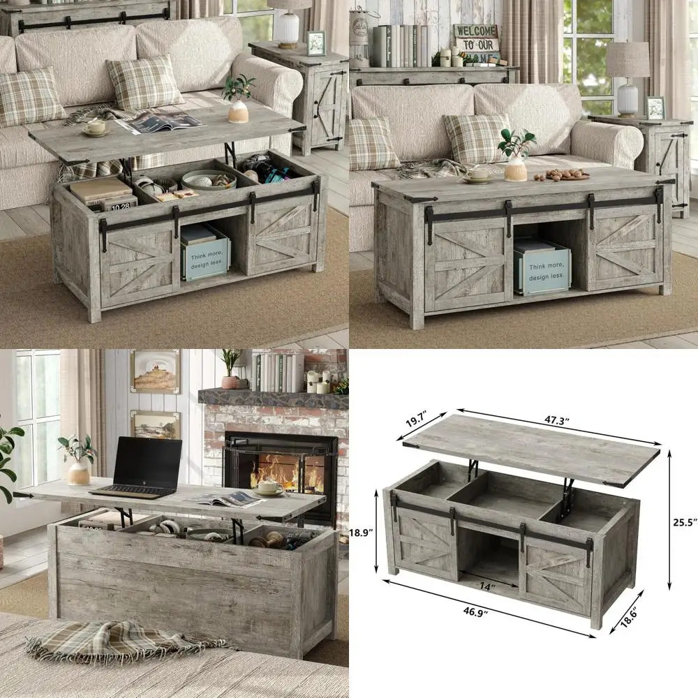 

Lift Top Coffee Table, 47.3'' Farmhouse Coffee Table with Large Hidden Storage Compartment & Sliding Barn Doors, Wood Modern Rec
