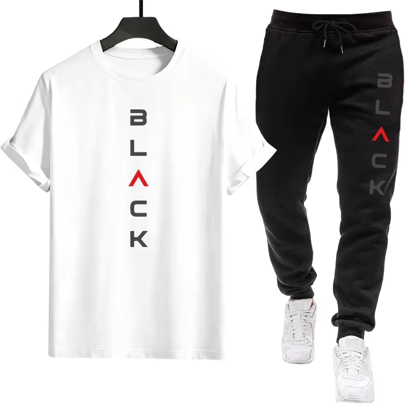 

Eco-friendly & Comfortable Pure Cotton Fabric, Breathable Black Letter Print Men's T-Shirt and Pants Set, Outdoor Wear