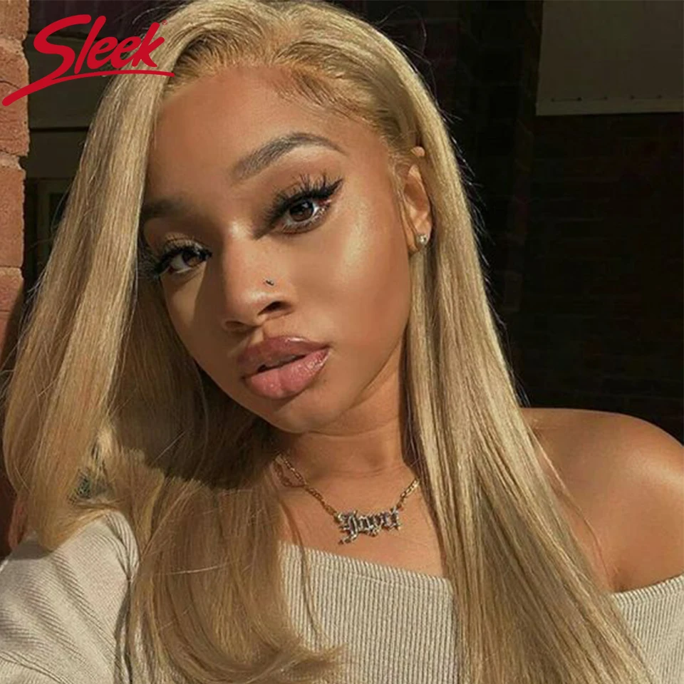 Sleek 28 Inch Gold Blonde Colored Human Hair Wigs 13X6X1Lace Front Brazilian Hair Wigs 100% Real Ready To Wear Cosplay Lace Wig