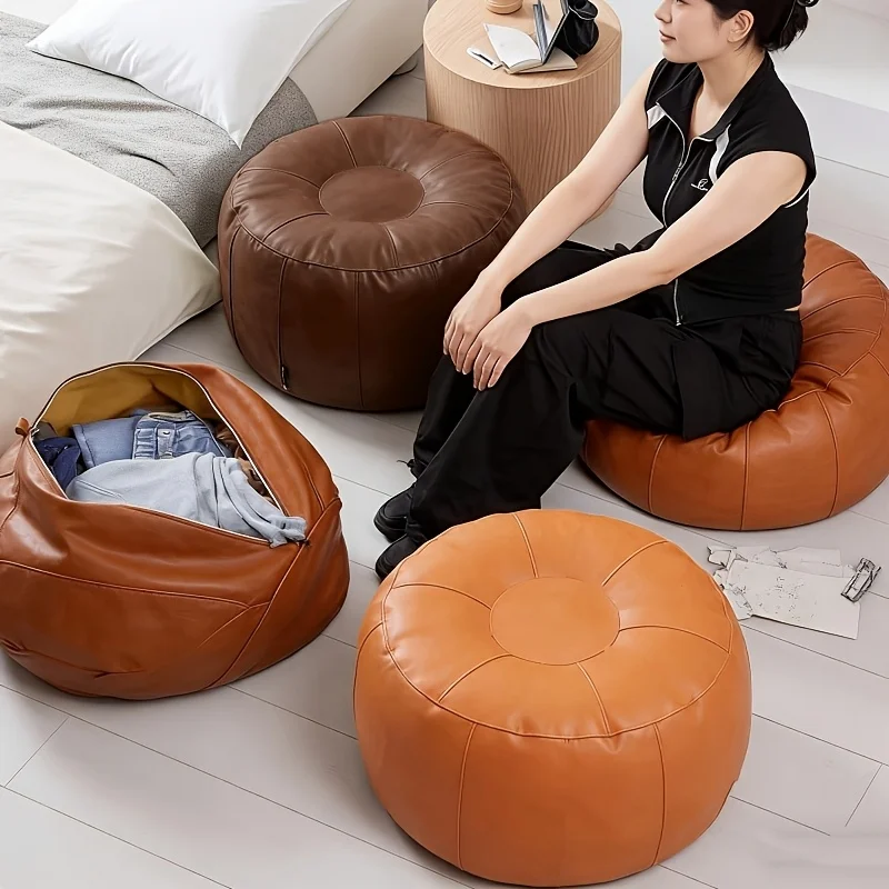 PU Leather Unstuffed Storage Leg Bench Round Need to Fill Clothes Storage Pouf Large Capacity Minimalist Sofa Footstool