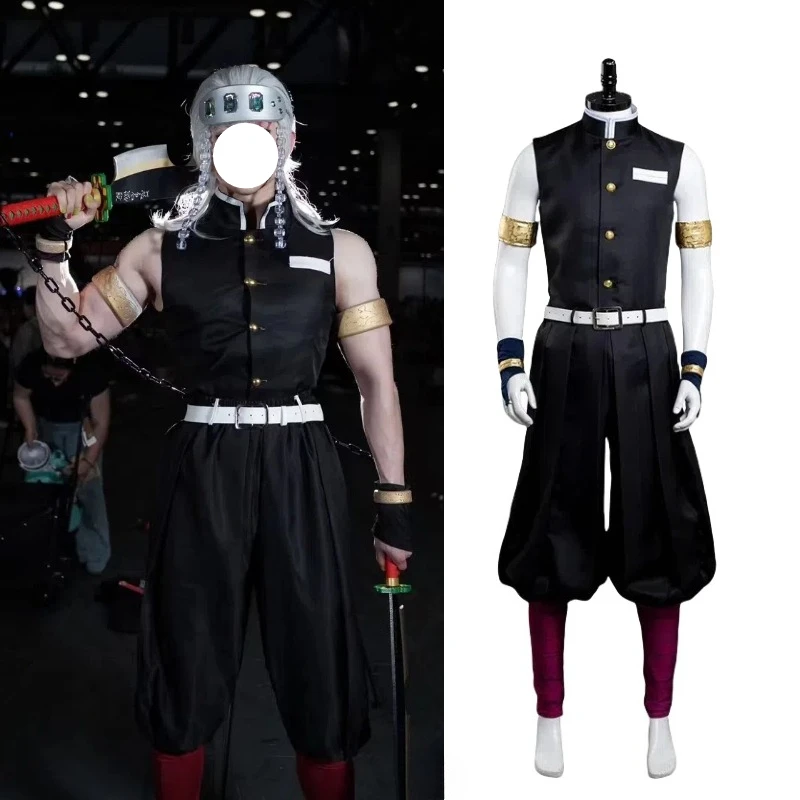

Anime Kimetsu No Yaiba Cosplay Uzui Tengen Costume Black Top Pants with Accessories Full Set for Men Halloween Carnival Party