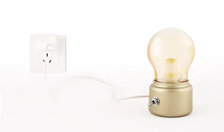 Usb Rechargeable Bulb Light Retro Vintage Glass Night Lamp Led Desk Light For Bedroom Bedside Golden Metal Switch 12H Long