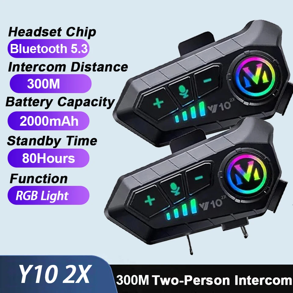 

1/2 шт. Y10 2x Bluetooth 5,3 гарнитура для шлема, домофон, громкая связь, мотоциклетный домофон, водонепроницаемый 2000 мАч, мотопереговорный телефон