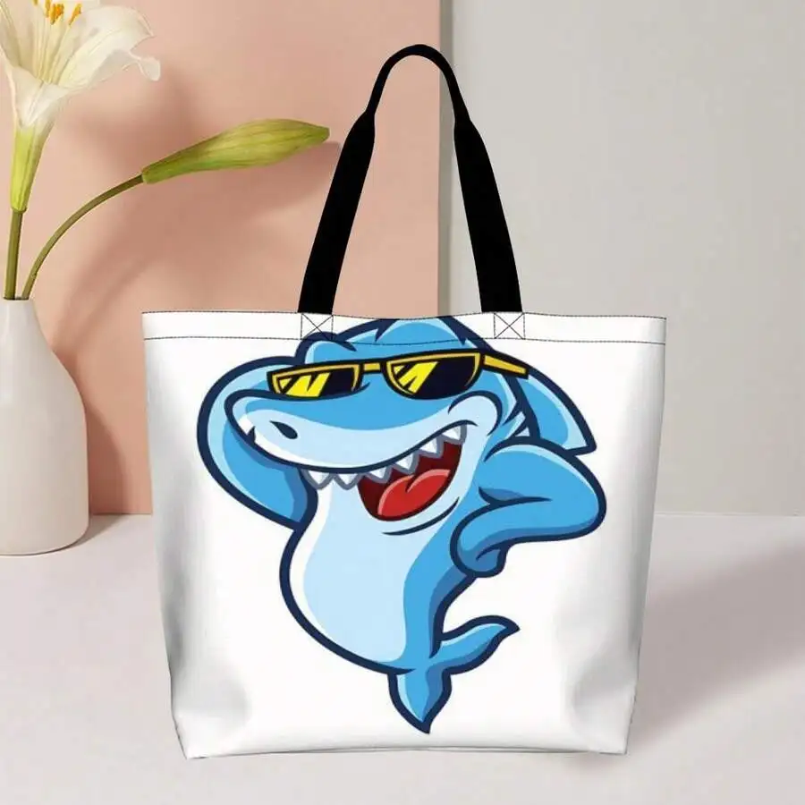 

Cool Shark Cartoon Tote Bag With Sunglasses Stylish Shopping Bag For Adults
