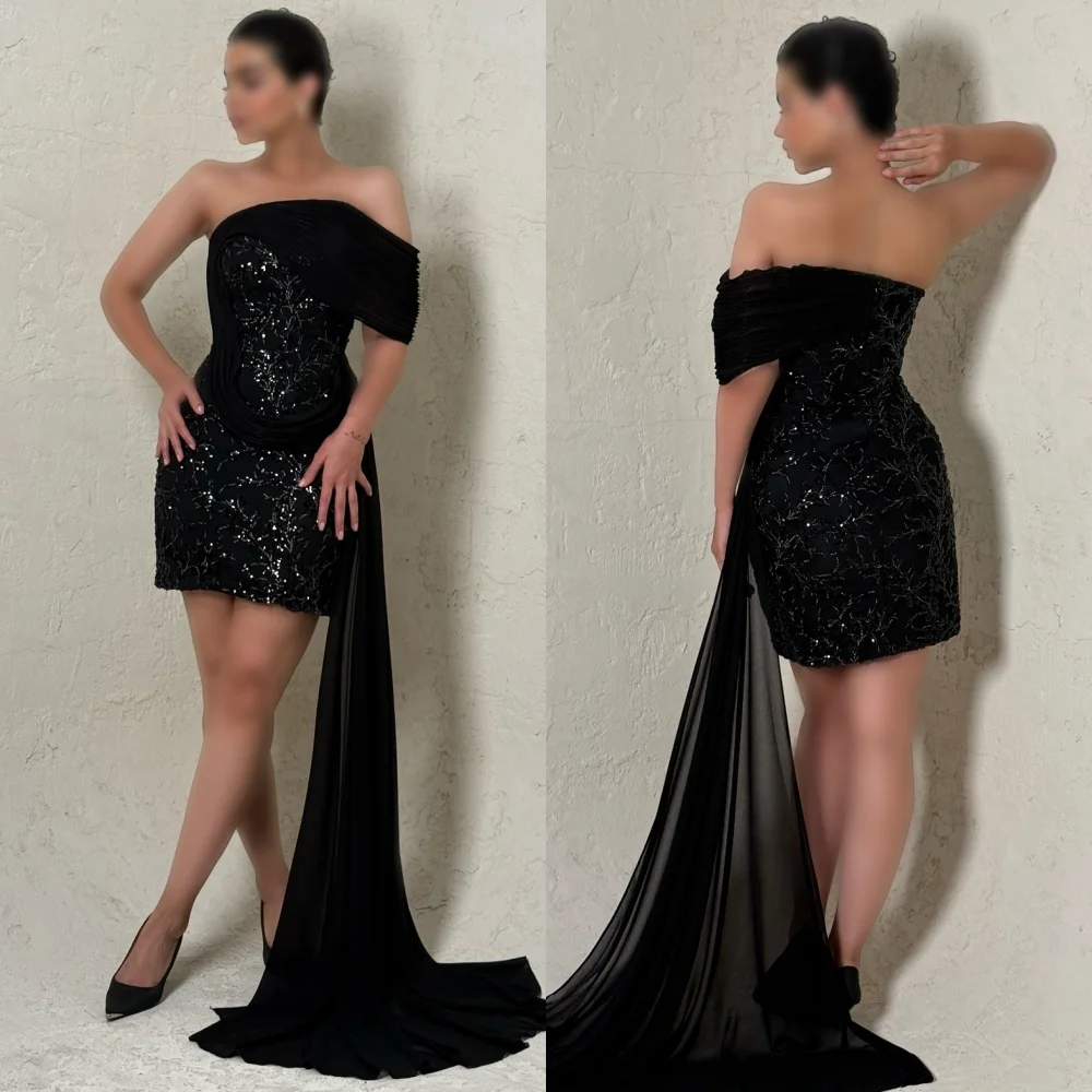 

Customized Modern Style Matching Jersey Sequined Ruched A-line Strapless Mini Dresses Bespoke Occasion Dresses Sizes Available