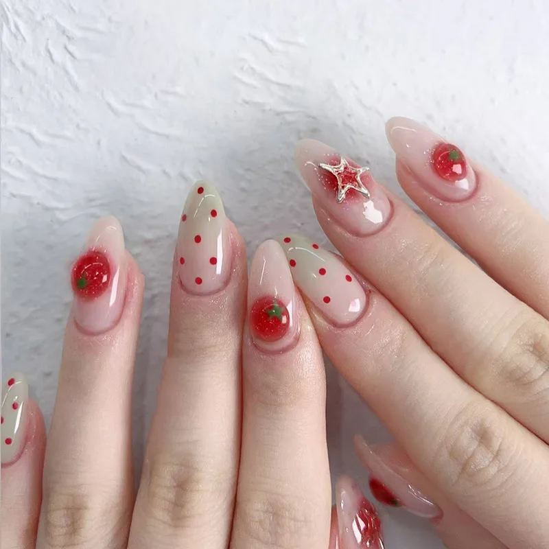 

24PCS Glossy Pink Green French Almond Wearable False Nails Cute Tomato Silver Star Polka Dots Press on Nails Ins Nail Sweet Cool