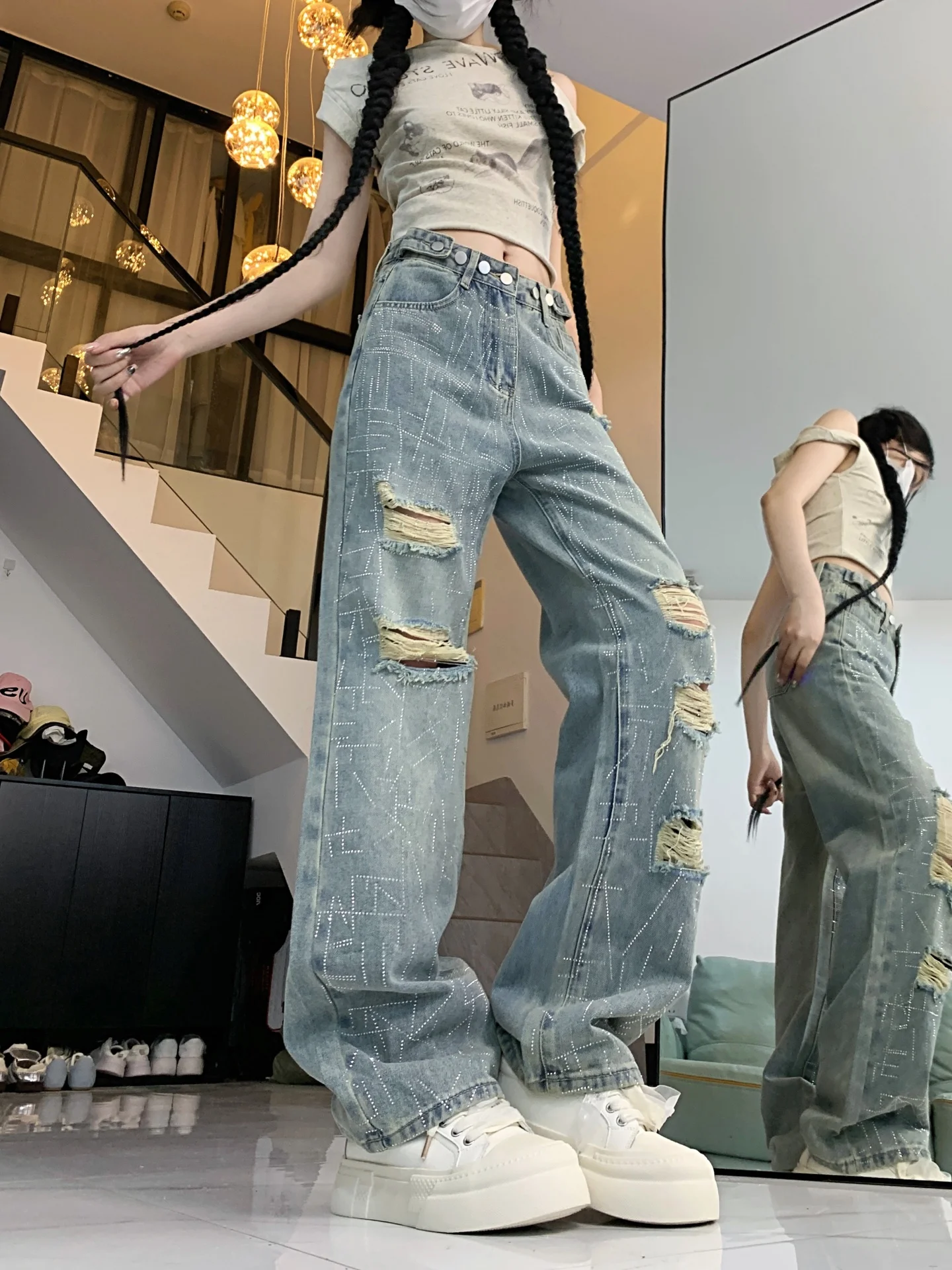 ハイウエストワイドレッグジーンズ レディース ストレートカットデニムパンツ 秋新作 スリープラスサイズ ウェイドアウトホールドリル カジュアルパンツ