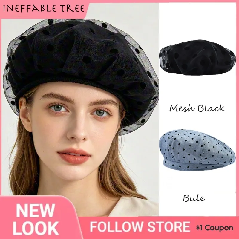 Autumn Winter Retro Polka Dot Mesh Beret Light Thin Face Slim Painter Cap Elegant Women Daily Matching Sun Hat