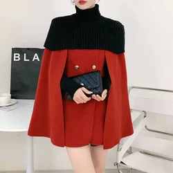 Korean Style Wool Blends Poncho Autumn Winter 2023New French Ladies Cape Cloak Womens Fashion Warps Black Knit Shawl 2 Piece Set