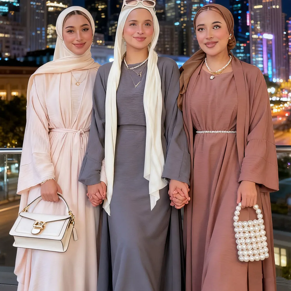 

Мусульманские комплекты из 2 предметов, женские одинаковые комплекты, кимоно Абая + платье без рукавов, Дубай, Саудовская Турция, скромная исламская одежда, халат Рамадана