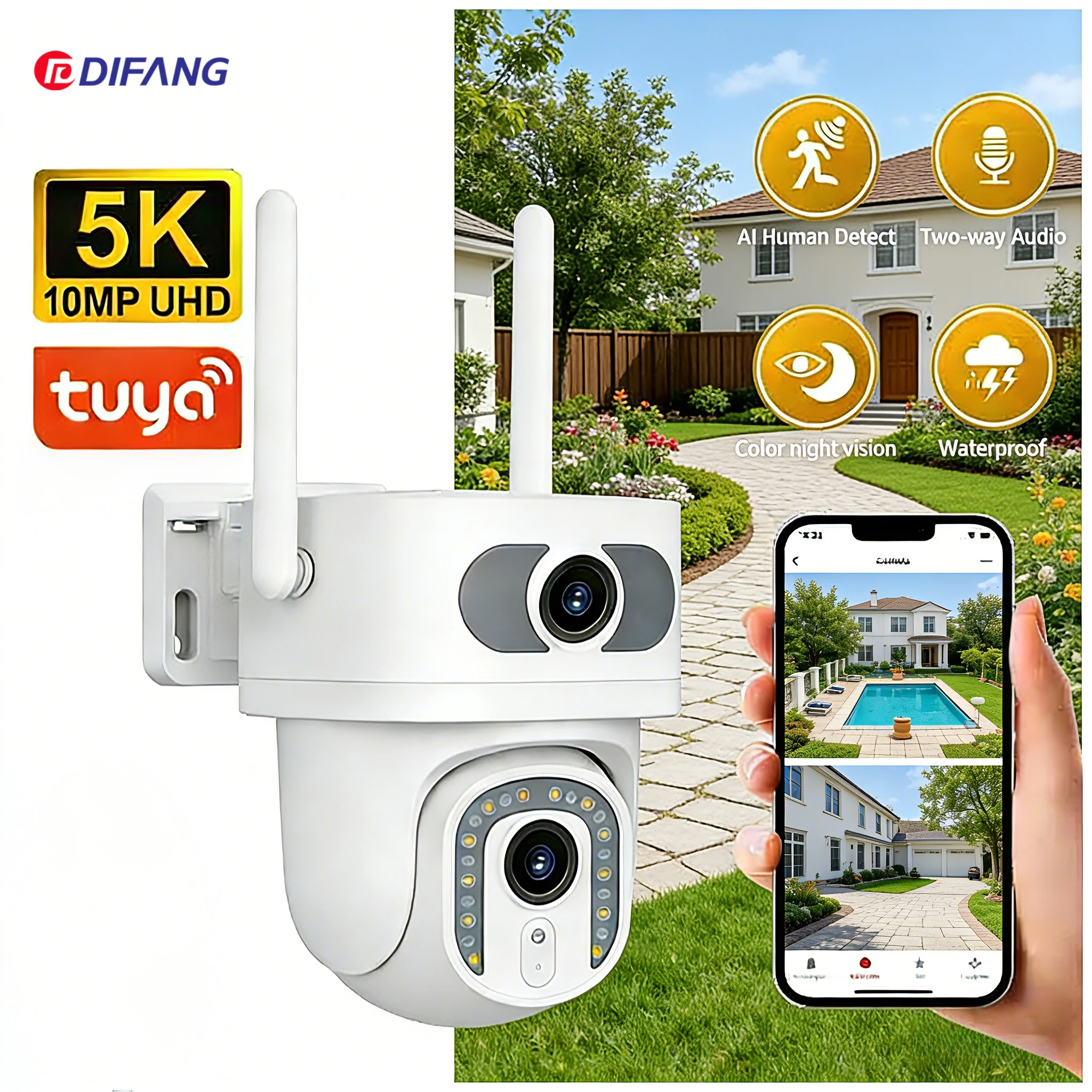 

Уличная умная камера видеонаблюдения Tuya SmartLife 5K 10MP с двумя объективами, Wi-Fi, PTZ, автоматическим отслеживанием, двойным экраном, совместимая с Alexa