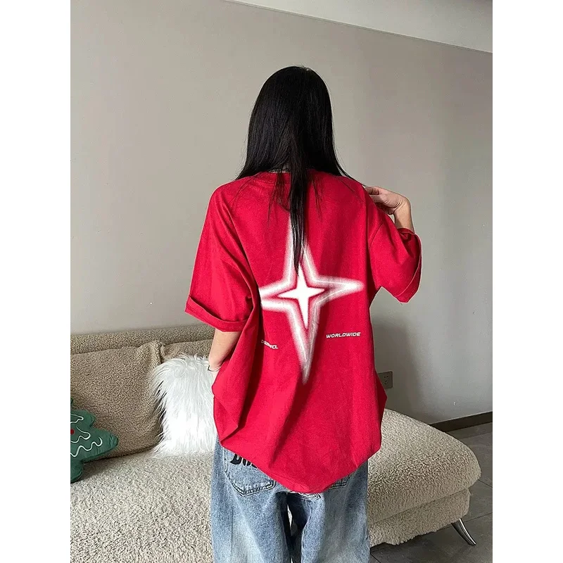 Oversized Y2K Vintage Letter Star Print T Shirts Korean Trend Streetwear Red Short Sleeve Tees Hip Hop Harajuku Black Top Women