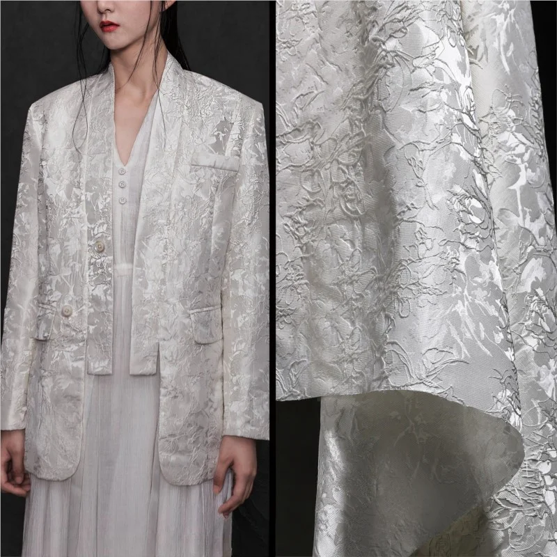 White Linear Plant Jacquard Fabric Embroidery Coat Suit Designer