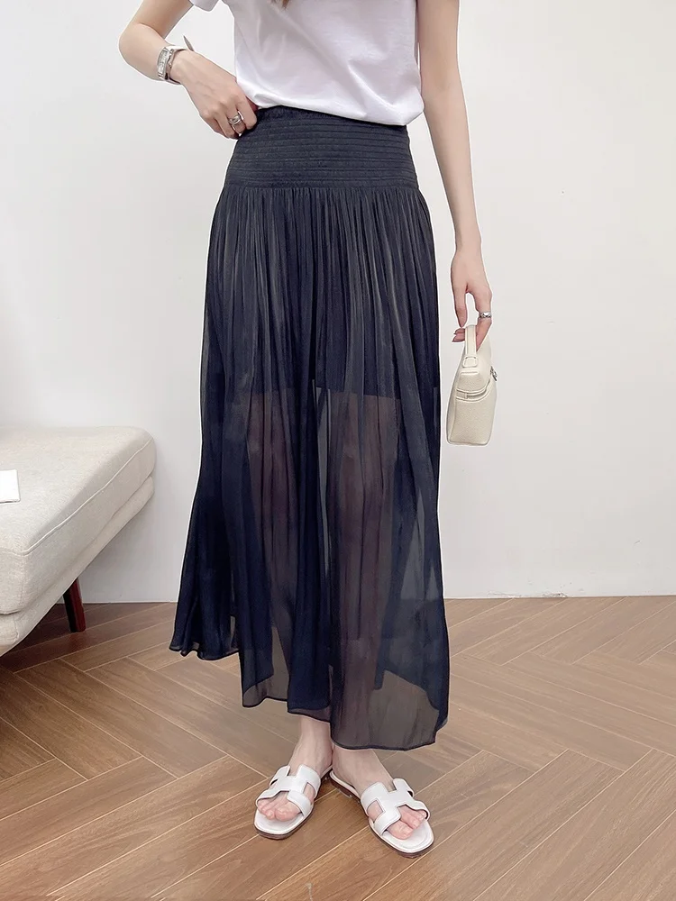 

Женская плиссированная шелковая юбка Haenrang Liangpin с высокой талией, тонкая, средней длины, летняя, новая, в корейском стиле, фасон А-силуэт