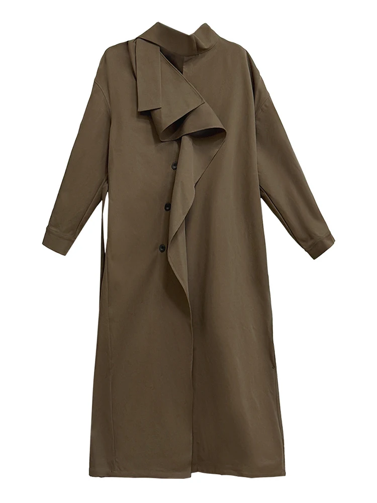 YERMORA Kaki Onregelmatige Ruches Gordel Geul Voor Vrouwen Stand Kraag Lange Mouw Losse Windjack Mode Herfst Winter 2025