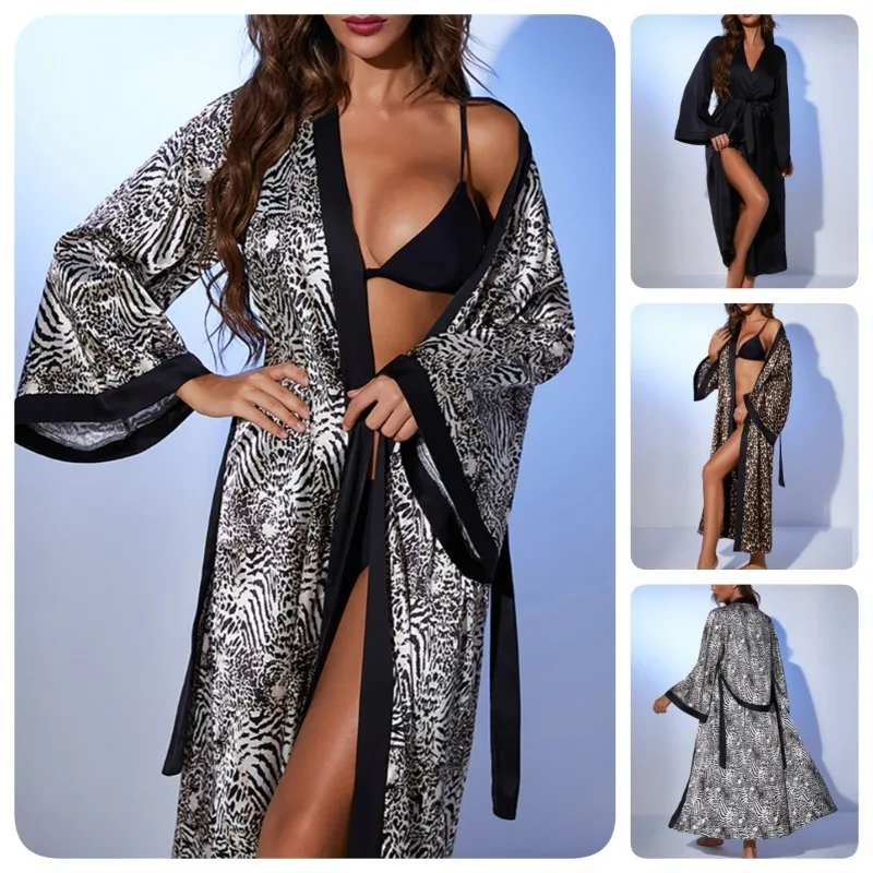 

S M L Size Loose-Fitting Sexy NightgownLong Lace-Up Satin Bathrobe Multiple Print Color Options for Comfortable Loungewear