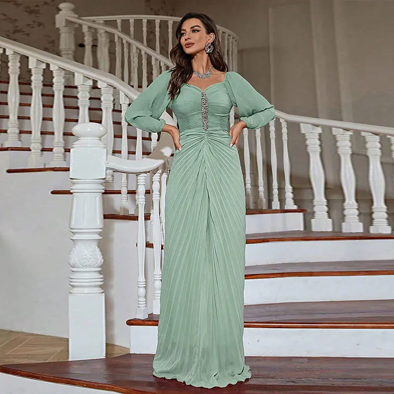 UNI Fashion Evening Dress Women Abaya Floor-Length Dresses Elegant Robe Bridal Dress Chiffon Lantern Sleeves Slim Beaded Dress